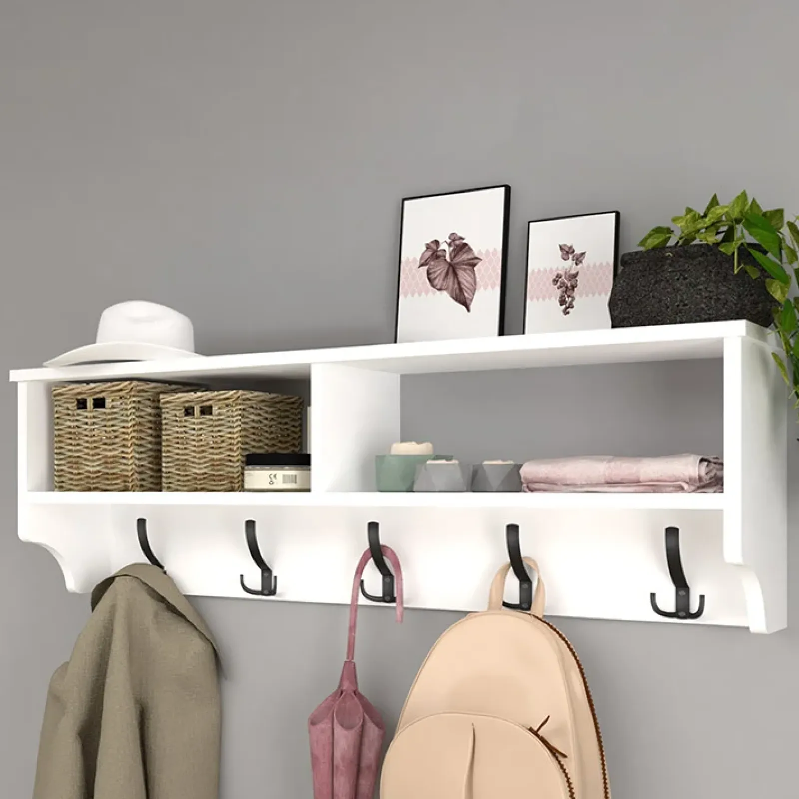 Garnero Arredamenti Appendiabiti E Attaccapanni|Appendiabiti E Attaccapanni-Appendiabiti da parete 120x37h cm con vani Fionia Bianco