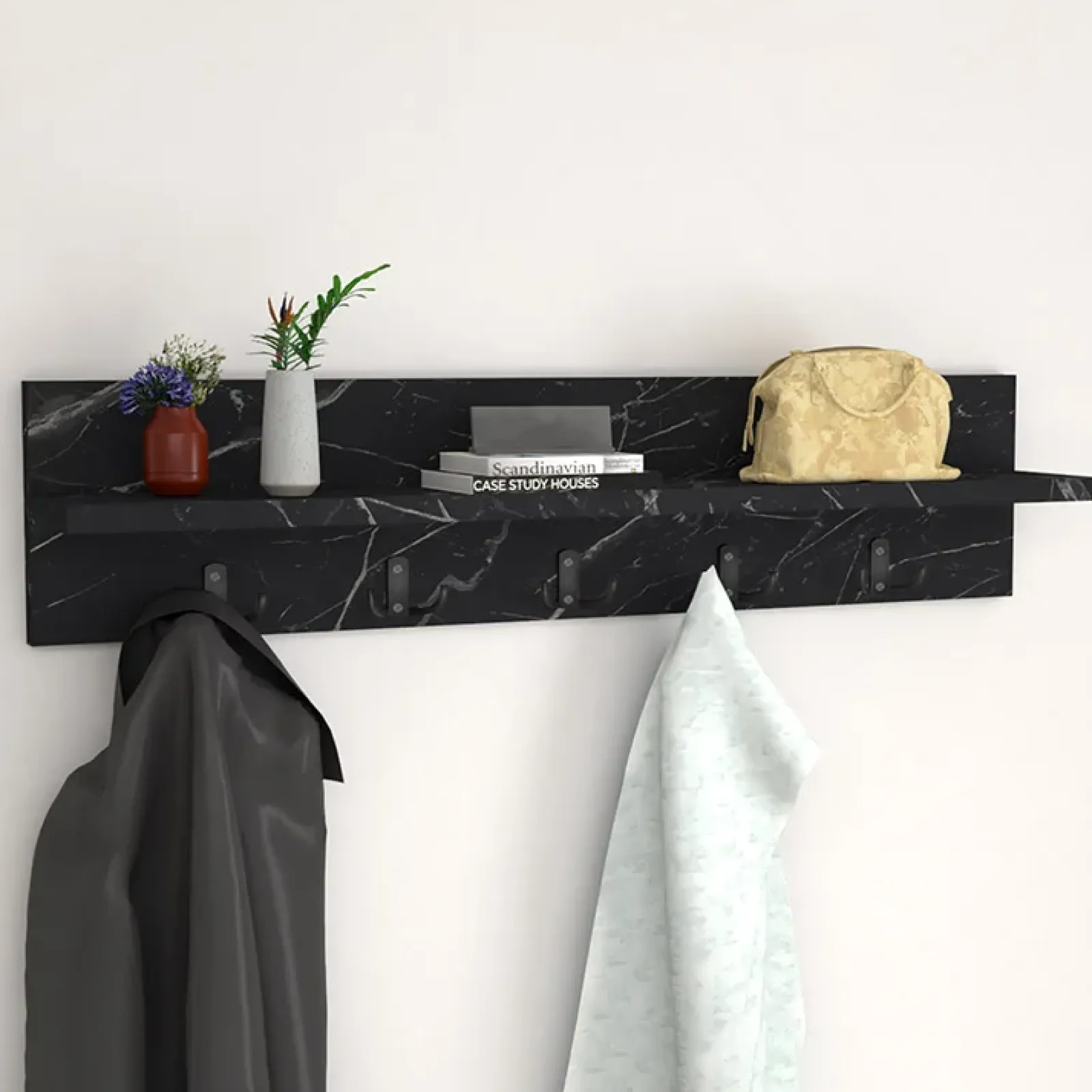 Garnero Arredamenti Appendiabiti E Attaccapanni|Appendiabiti E Attaccapanni-Appendiabiti da parete 80x18h cm con mensola effetto marmo Makira Marmo Nero