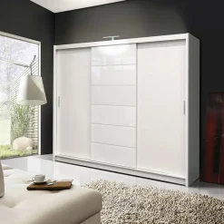 Garnero Arredamenti Armadio Ante Scorrevoli|Guardaroba-Armadio scorrevole 250x215h cm 3 ante moderno cassetti e led bianco Larissa