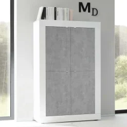 Garnero Arredamenti Armadi Soggiorno|Credenze Moderne-Armadio soggiorno 102x162h cm 4 ante moderno bianco lucido cemento Eternity Cemento - Bianco Lucido