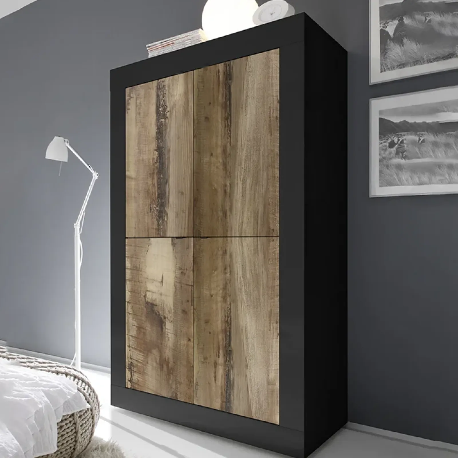 Garnero Arredamenti Armadi Soggiorno|Guardaroba-Armadio soggiorno 102x162h cm 4 ante moderno nero pero Eternity Nero Opaco - Rovere