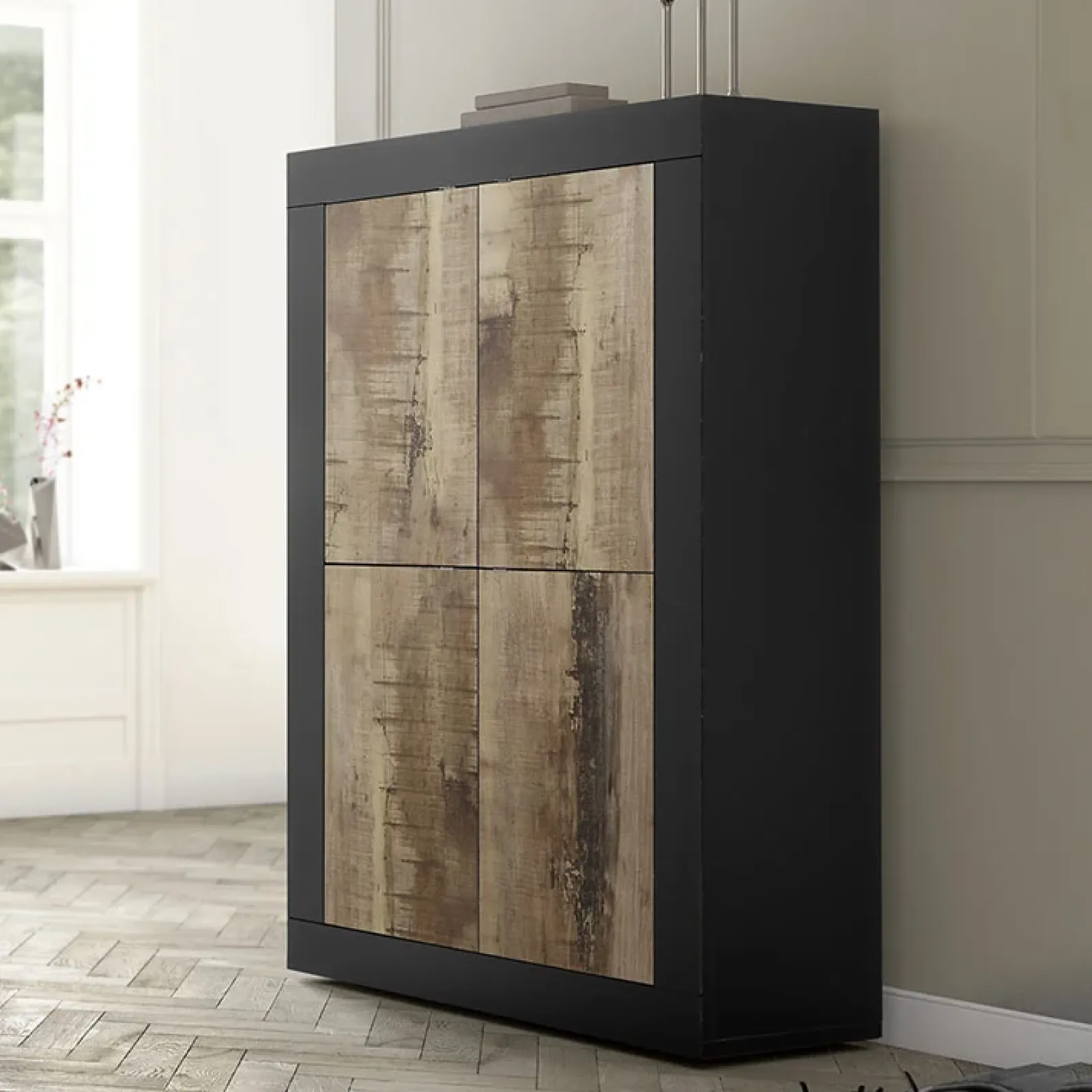 Garnero Arredamenti Armadi Soggiorno|Guardaroba-Armadio soggiorno 102x162h cm 4 ante moderno nero pero Eternity Nero Opaco - Rovere