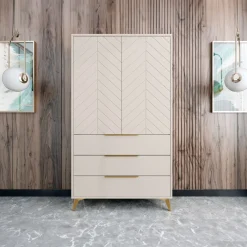 Garnero Arredamenti Armadio Ante Battenti|Armadi Soggiorno-Armadio soggiorno 104x180h cm 2 ante 6 cassetti beige con frontali serigrafati Miriam