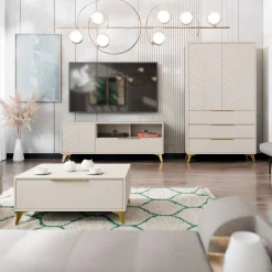 Garnero Arredamenti Armadio Ante Battenti|Armadi Soggiorno-Armadio soggiorno 104x180h cm 2 ante 6 cassetti beige con frontali serigrafati Miriam