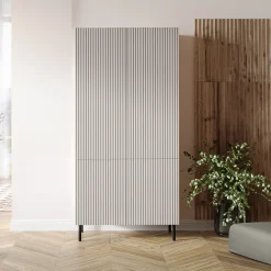 Garnero Arredamenti Armadi Soggiorno|Credenze Moderne-Armadio soggiorno 90x185h cm 4 ante con frontali cannettati beige Ziggy