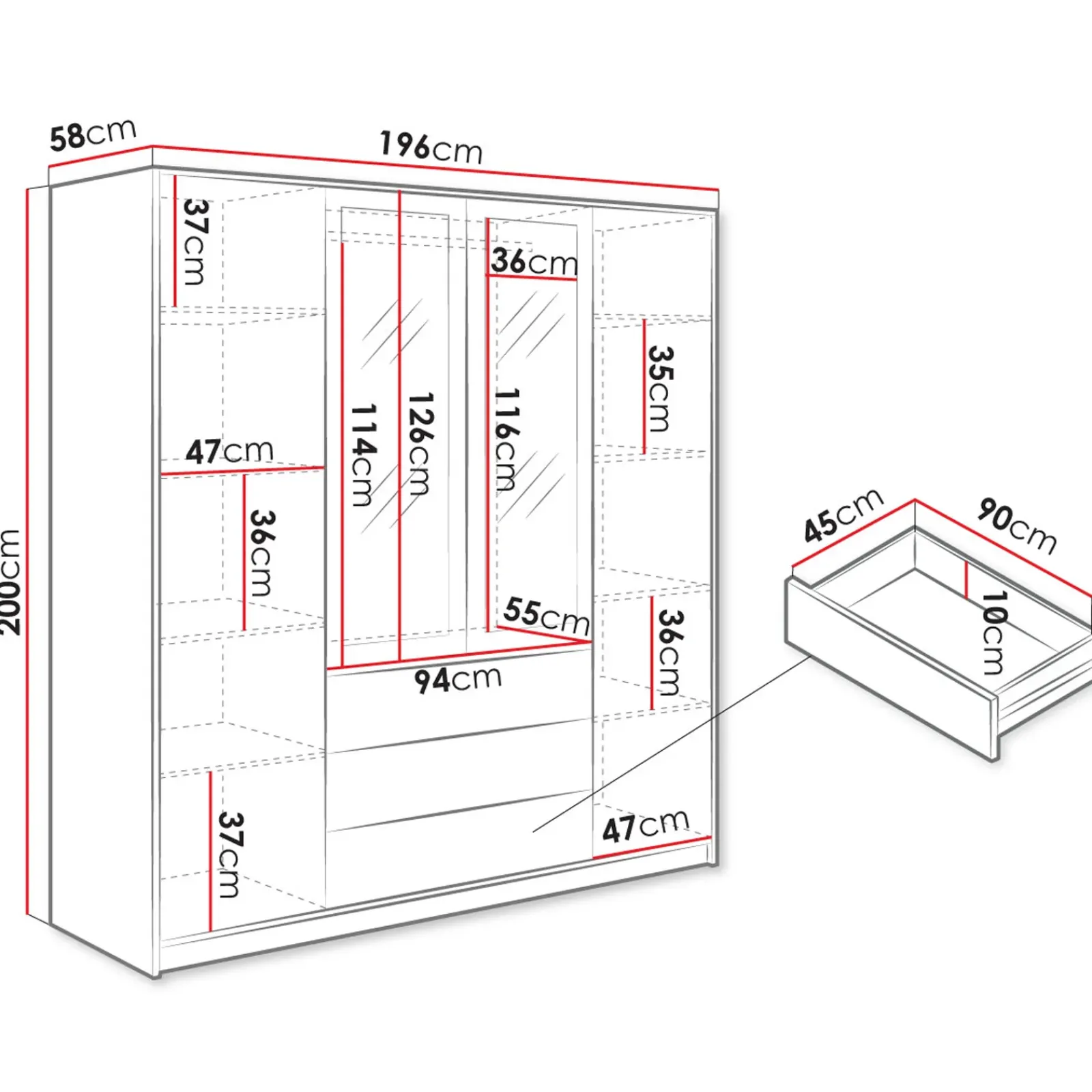 Garnero Arredamenti Armadio Ante A Specchio-Armadio 196x200h cm 4 ante 3 cassetti con specchio bianco oro Ylma