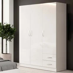 Garnero Arredamenti Armadio Cameretta|Armadio Ante Battenti-Armadio 120x181h cm 3 ante 2 cassetti moderno Tropea Bianco Lucido