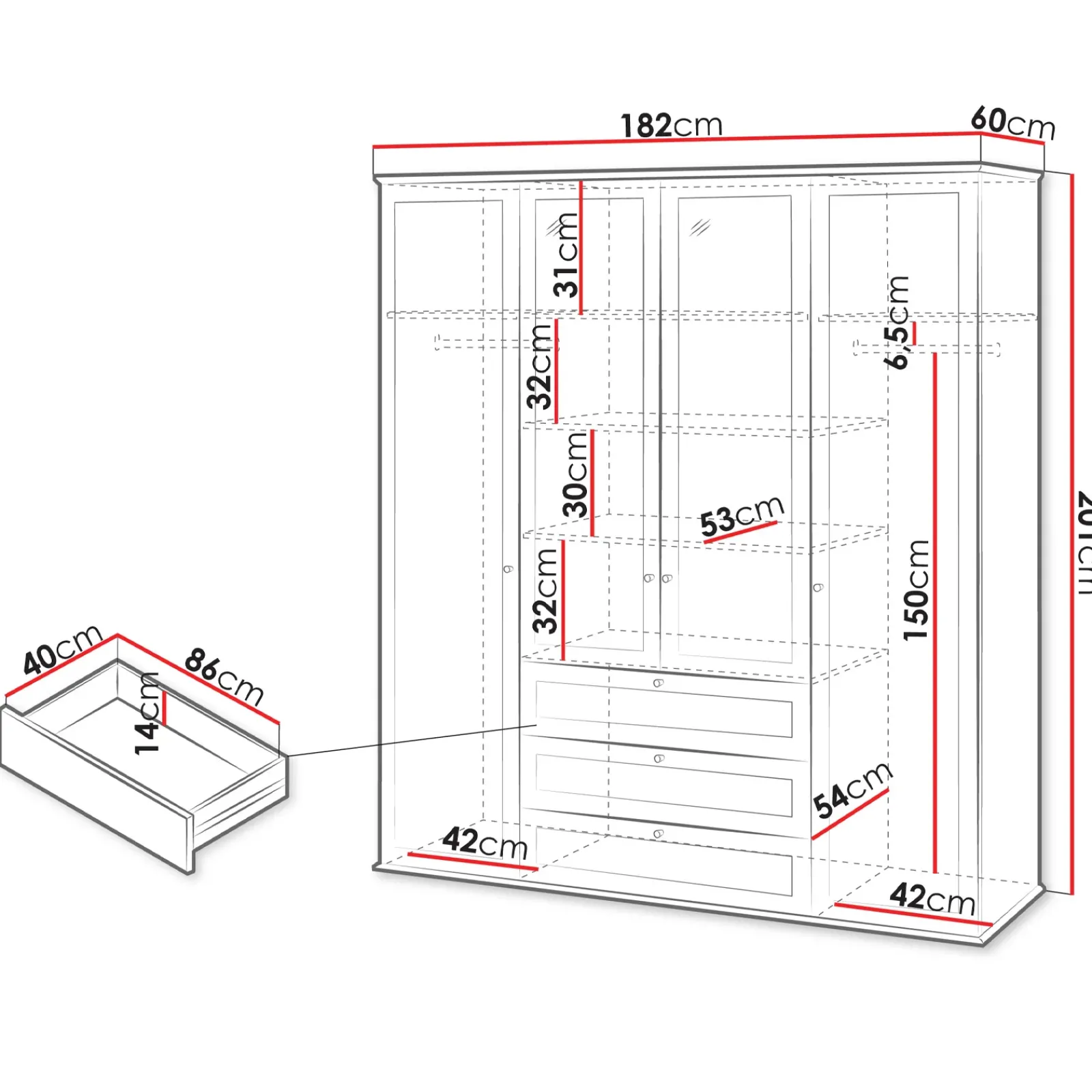 Garnero Arredamenti Armadio Ante Battenti|Guardaroba-Armadio 182x201h cm 4 ante 3 cassetti con specchio bianco rovere Relaxio
