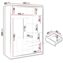 Garnero Arredamenti Armadio Ante Battenti-Armadio 147x200h cm 3 ante 3 cassetti con specchio Sottosogno Grafite