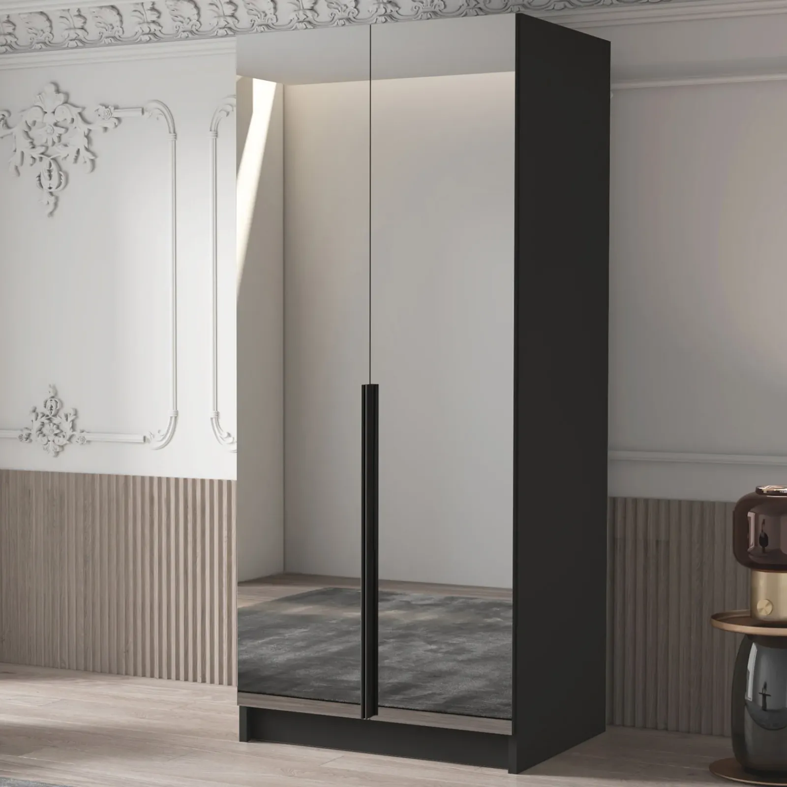 Garnero Arredamenti Armadio Cameretta|Armadio Ante A Specchio-Armadio 100x215h cm 2 ante 2 specchi moderno nero Glammy 2 Nero Opaco - Nero