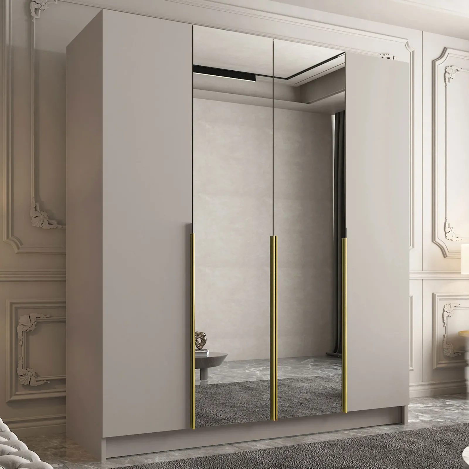 Garnero Arredamenti Armadio Ante A Specchio|Armadio Ante Battenti-Armadio 200x215h cm 4 ante 2 specchi moderno beige oro Glammy 4 Beige - Oro