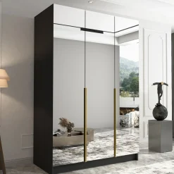 Garnero Arredamenti Armadio Cameretta|Armadio Ante A Specchio-Armadio 150x215h cm 3 ante 3 specchi moderno nero oro Glammy 3 Nero Opaco - Oro