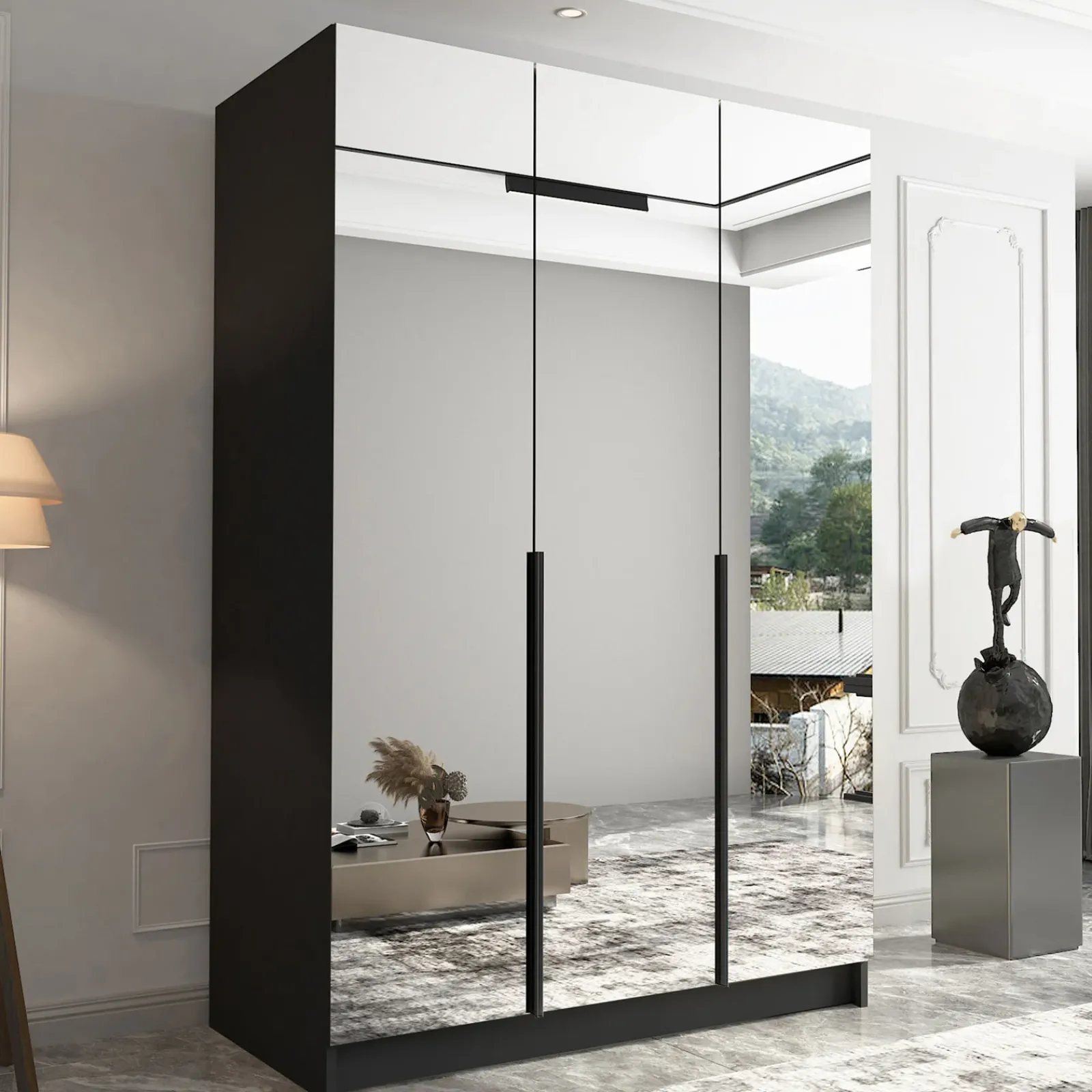 Garnero Arredamenti Armadio Cameretta|Armadio Ante A Specchio-Armadio 150x215h cm 3 ante 3 specchi moderno nero Glammy 3 Nero Opaco - Nero