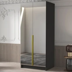 Garnero Arredamenti Armadio Cameretta|Armadio Ante A Specchio-Armadio 100x215h cm 2 ante 2 specchi moderno nero oro Glammy 2 Nero Opaco - Oro