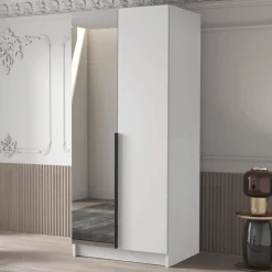 Garnero Arredamenti Armadio Cameretta|Armadio Ante A Specchio-Armadio 100x215h cm 2 ante 1 specchio moderno bianco nero Glammy 2 Bianco Opaco - Nero