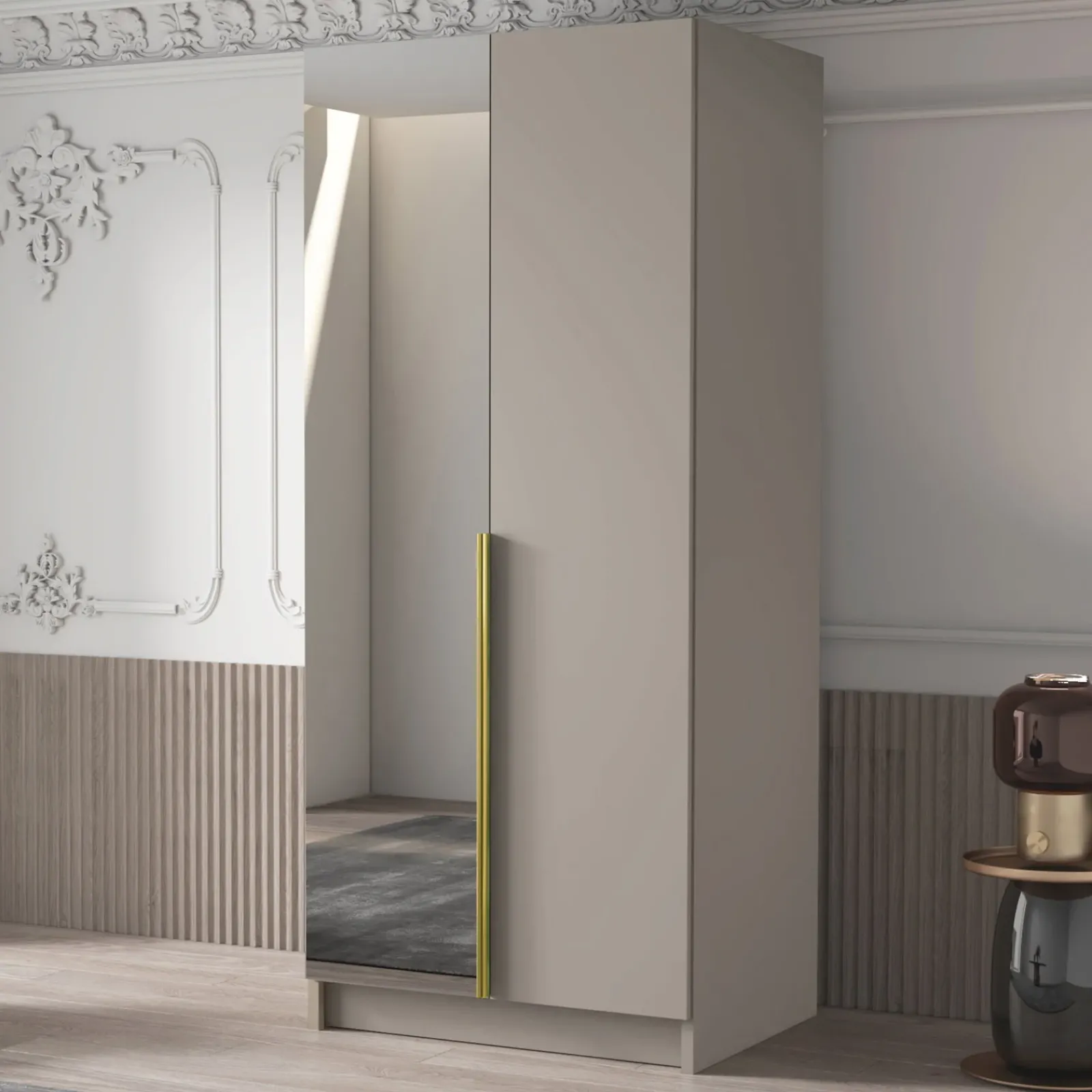 Garnero Arredamenti Armadio Cameretta|Armadio Ante A Specchio-Armadio 100x215h cm 2 ante 1 specchio moderno beige oro Glammy 2 Beige - Oro