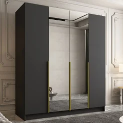 Garnero Arredamenti Armadio Ante A Specchio|Armadio Ante Battenti-Armadio 200x215h cm 4 ante 2 specchi moderno nero oro Glammy 4 Nero Opaco - Oro