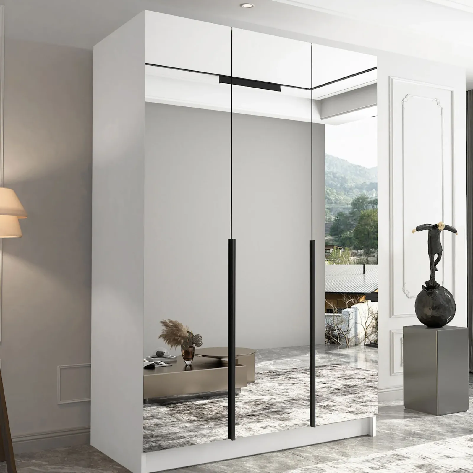 Garnero Arredamenti Armadio Cameretta|Armadio Ante A Specchio-Armadio 150x215h cm 3 ante 3 specchi moderno bianco nero Glammy 3 Bianco Opaco - Nero