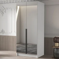 Garnero Arredamenti Armadio Cameretta|Armadio Ante A Specchio-Armadio 100x215h cm 2 ante 2 specchi moderno bianco nero Glammy 2 Bianco Opaco - Nero