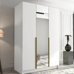Garnero Arredamenti Armadio Cameretta|Armadio Ante A Specchio-Armadio 150x215h cm 3 ante 1 specchio moderno bianco oro Glammy 3 Bianco Opaco - Oro