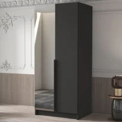Garnero Arredamenti Armadio Cameretta|Armadio Ante A Specchio-Armadio 100x215h cm 2 ante 1 specchio moderno  nero Glammy 2 Nero Opaco - Nero