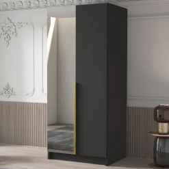 Garnero Arredamenti Armadio Cameretta|Armadio Ante A Specchio-Armadio 100x215h cm 2 ante 1 specchio moderno nero oro Glammy 2 Nero Opaco - Oro