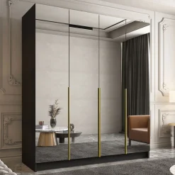 Garnero Arredamenti Armadio Ante A Specchio|Armadio Ante Battenti-Armadio 200x215h cm 4 ante 4 specchi moderno nero oro Glammy 4 Nero Opaco - Oro