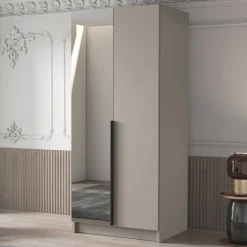 Garnero Arredamenti Armadio Cameretta|Armadio Ante Battenti-Armadio 100x215h cm 2 ante 1 specchio moderno  beige nero Glammy 2 Beige - Nero