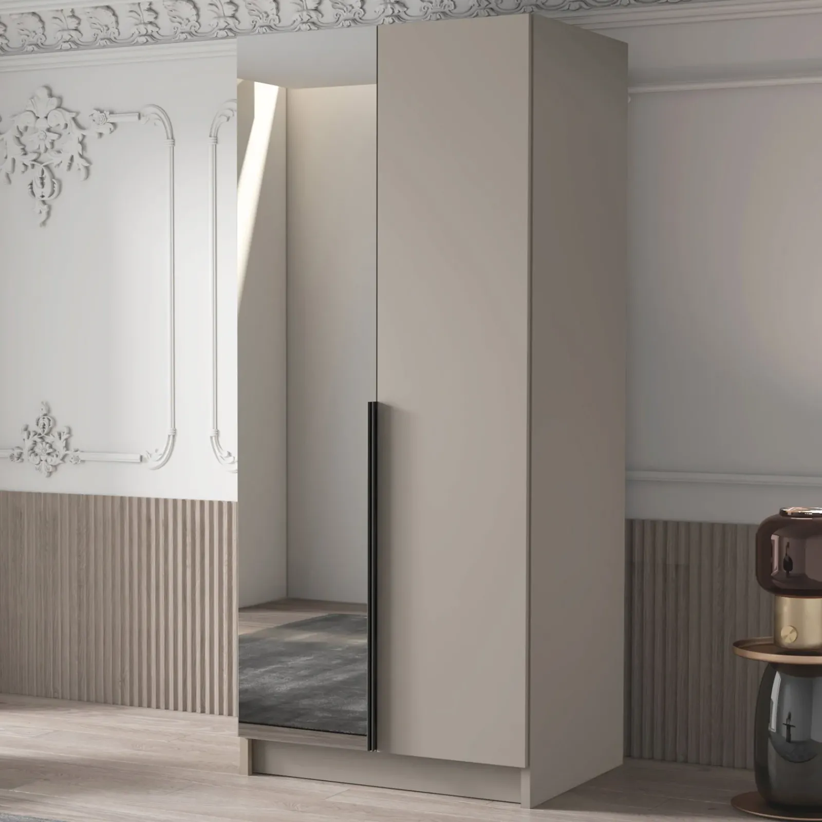 Garnero Arredamenti Armadio Cameretta|Armadio Ante Battenti-Armadio 100x215h cm 2 ante 1 specchio moderno beige nero Glammy 2 Beige - Nero