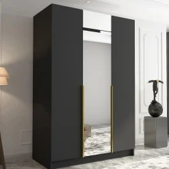 Garnero Arredamenti Armadio Cameretta|Armadio Ante A Specchio-Armadio 150x215h cm 3 ante 1 specchio moderno nero oro Glammy 3 Nero Opaco - Oro