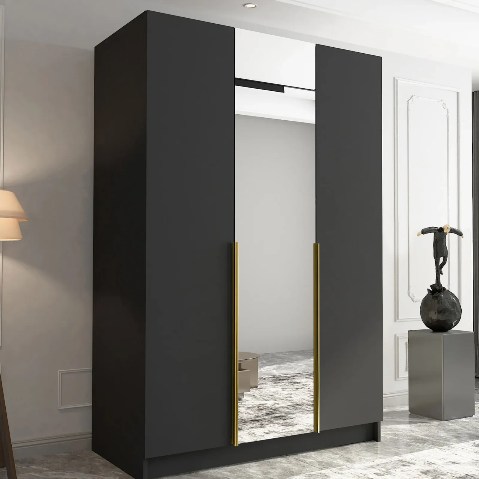 Garnero Arredamenti Armadio Cameretta|Armadio Ante A Specchio-Armadio 150x215h cm 3 ante 1 specchio moderno nero oro Glammy 3 Nero Opaco - Oro