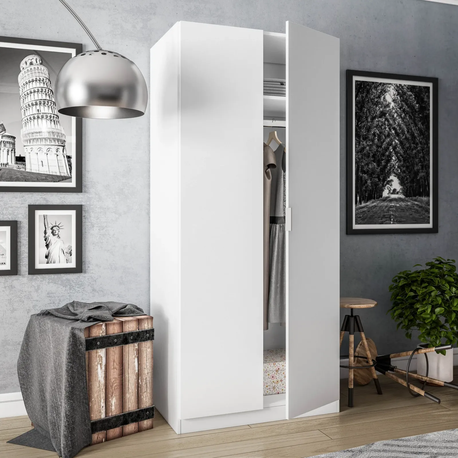 Garnero Arredamenti Armadio Ante Battenti|Guardaroba-Armadio 81x180h cm 2 ante battenti moderno bianco opaco Oz