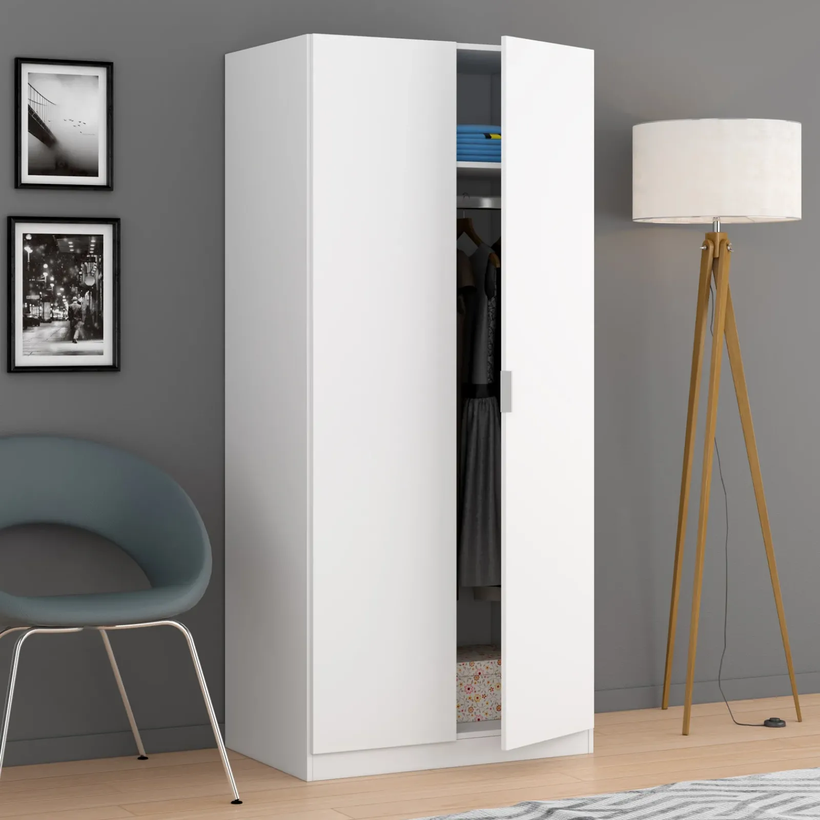 Garnero Arredamenti Armadio Ante Battenti|Guardaroba-Armadio 81x180h cm 2 ante battenti moderno bianco opaco Oz