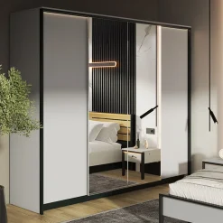 Garnero Arredamenti Armadio Ante A Specchio|Armadio Ante Battenti-Armadio 250x215h cm 4 ante battenti con specchio con LED grigio nero Luna