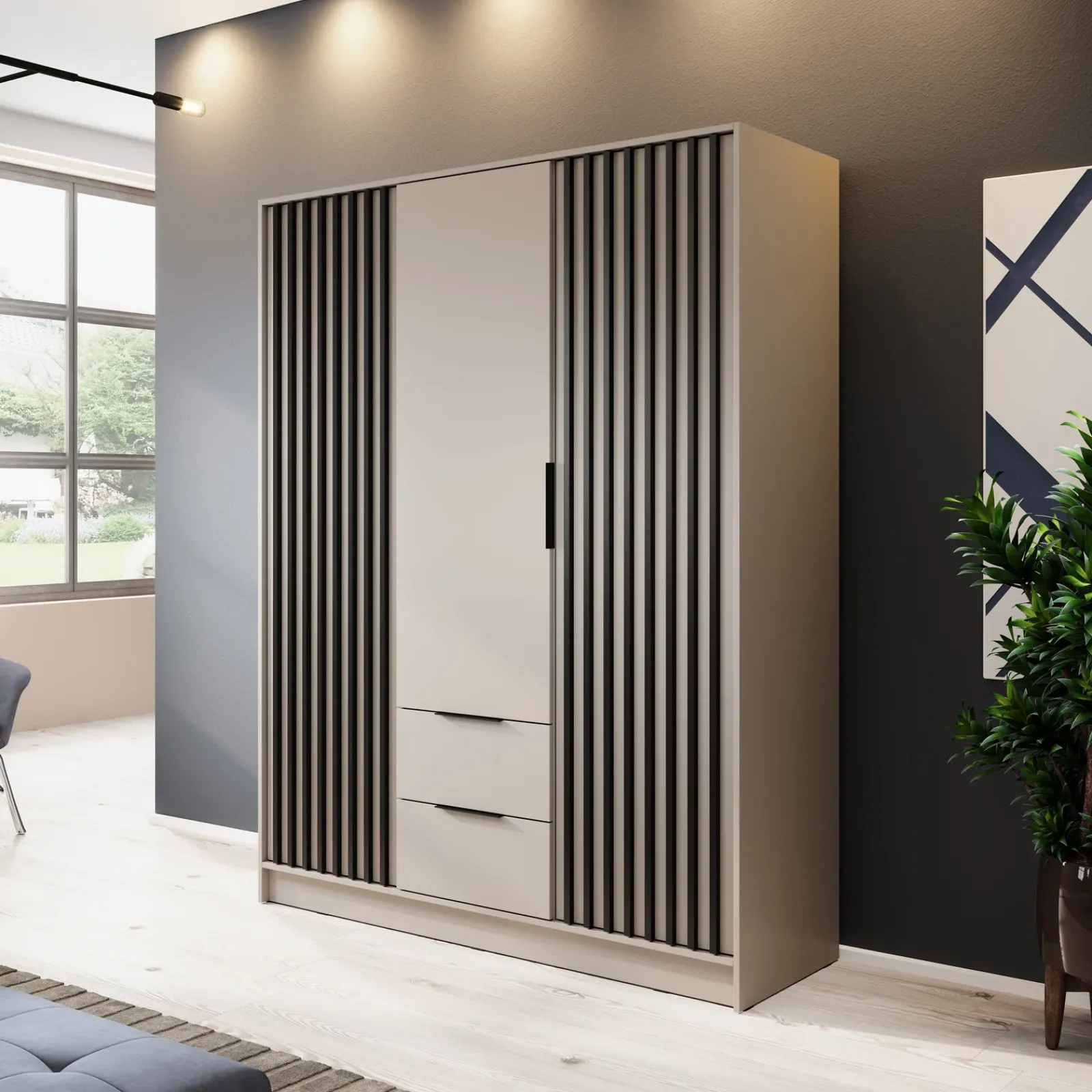 Garnero Arredamenti Armadio Ante Battenti|Guardaroba-Armadio 155x200h cm 3 ante con cassetti moderno cashmere Miller Beige