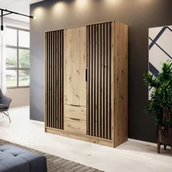 Garnero Arredamenti Armadio Ante Battenti|Guardaroba-Armadio 155x200h cm 3 ante con cassetti moderno quercia nero Miller Rovere Rustico