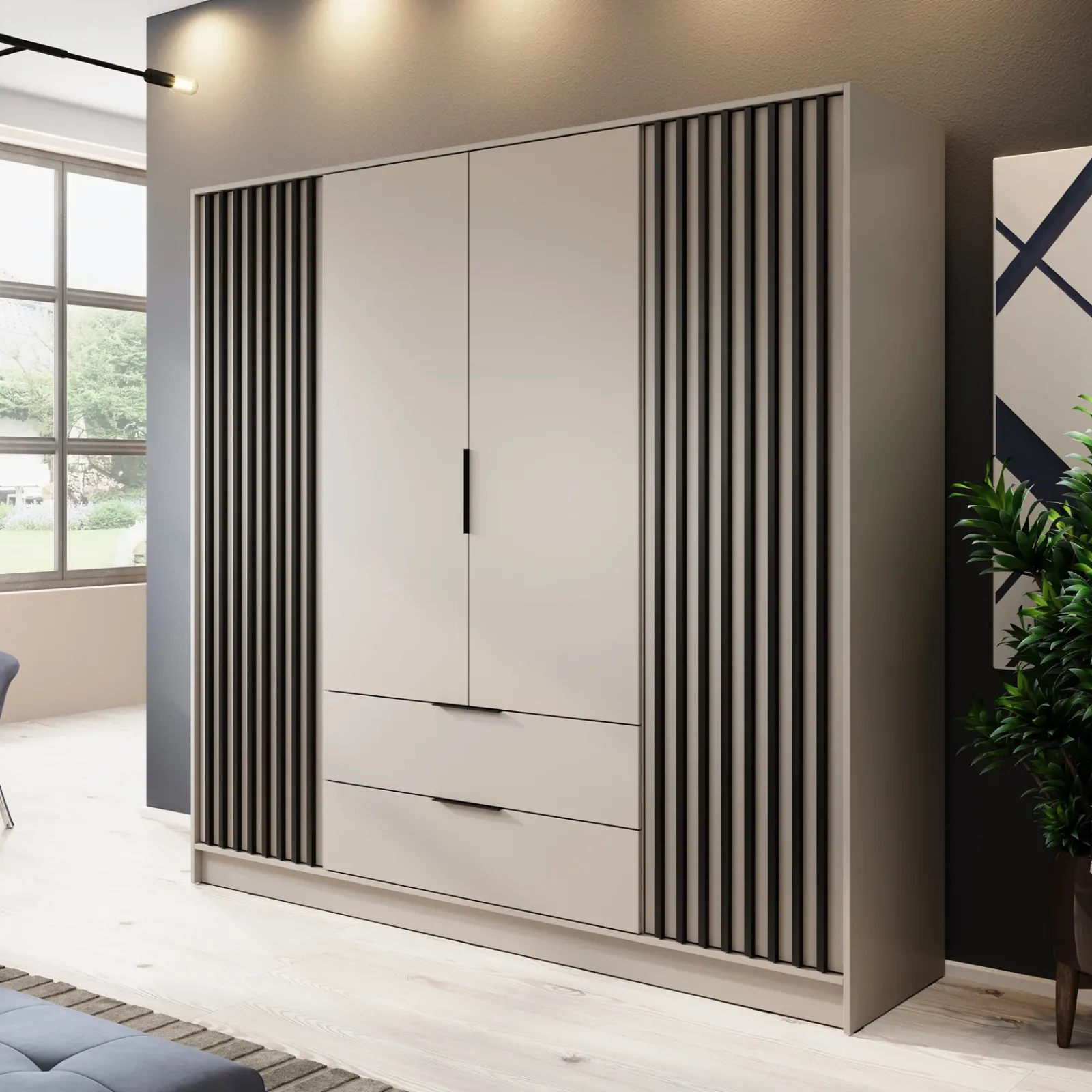 Garnero Arredamenti Armadio Ante Battenti|Guardaroba-Armadio 206x200h cm 4 ante con cassetti cashmere Miller Beige