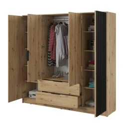 Garnero Arredamenti Armadio Ante Battenti|Guardaroba-Armadio 206x200h cm 4 ante con cassetti moderno quercia nero Miller Rovere Rustico