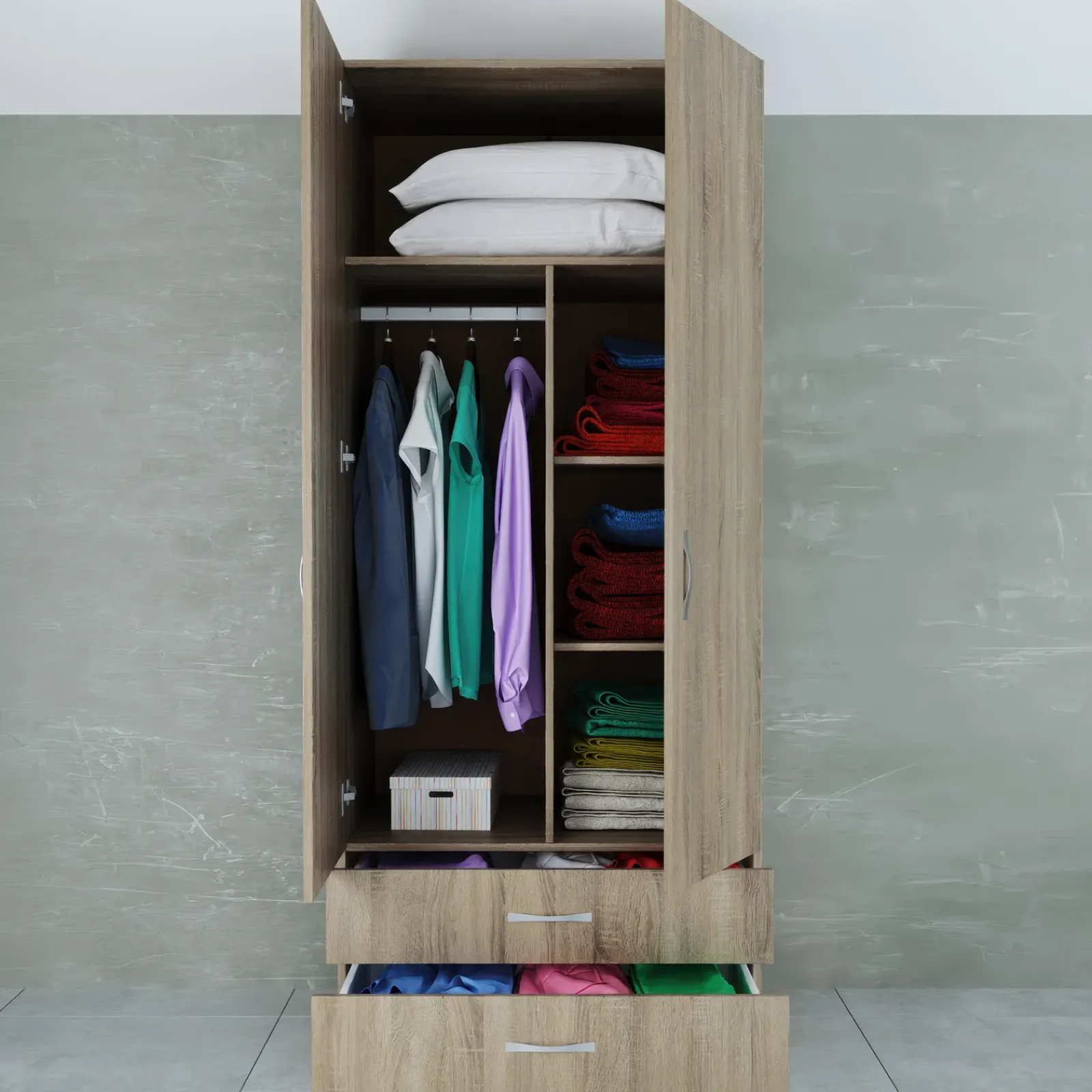 Garnero Arredamenti Armadio Cameretta|Armadio Ante Battenti-Armadio 80x191h cm 2 ante con cassetti moderno sonoma Carlino Rovere