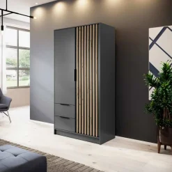 Garnero Arredamenti Armadio Ante Battenti|Guardaroba-Armadio 105x200h cm 2 ante con cassetti nero Miller Antracite