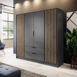 Garnero Arredamenti Armadio Ante Battenti|Guardaroba-Armadio 206x200h cm 4 ante con cassetti quercia Miller Antracite