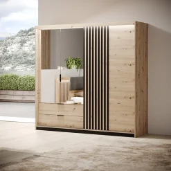 Garnero Arredamenti Armadio Ante A Specchio|Guardaroba-Armadio 220x211h cm 4 ante con specchio rovere antracite Rubik