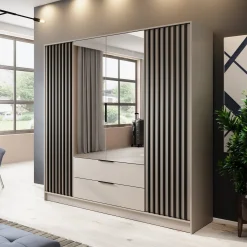 Garnero Arredamenti Armadio Ante A Specchio|Armadio Ante Battenti-Armadio 206x200h cm 4 ante con specchio moderno cashmere Miller Beige