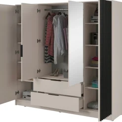 Garnero Arredamenti Armadio Ante A Specchio|Armadio Ante Battenti-Armadio 206x200h cm 4 ante con specchio moderno cashmere Miller Beige