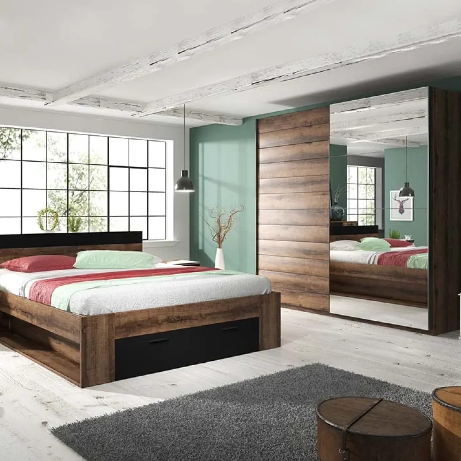 Garnero Arredamenti Armadio Ante Scorrevoli|Armadio Ante A Specchio-Armadio 200x210h cm 2 ante con specchio rovere scuro Lisbona Gihome®