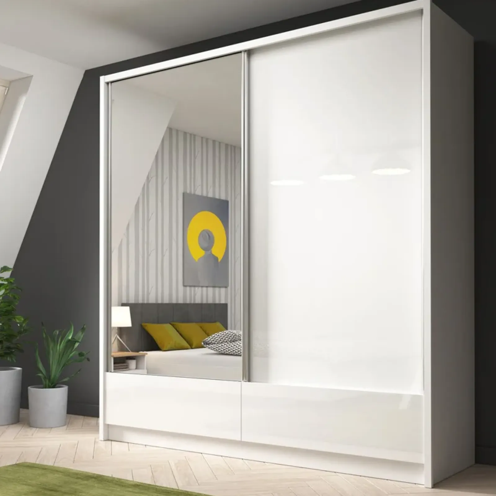 Garnero Arredamenti Armadio Ante A Specchio|Armadio Ante Scorrevoli-Armadio 204x214h cm 2 ante e 2 cassetti con specchio bianco lucido Tom Gihome®