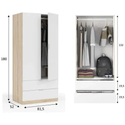 Garnero Arredamenti Armadio Cameretta|Armadio Ante Battenti-Armadio 82x180h cm 2 ante rovere bianco opaco 2 cassetti Abbey