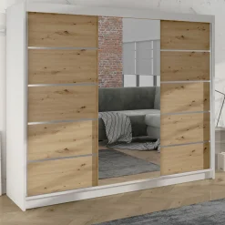 Garnero Arredamenti Armadio Ante Scorrevoli-Armadio 200x215h cm 2 ante scorrevoli con specchio bianco opaco rovere Silven Rovere - Bianco opaco