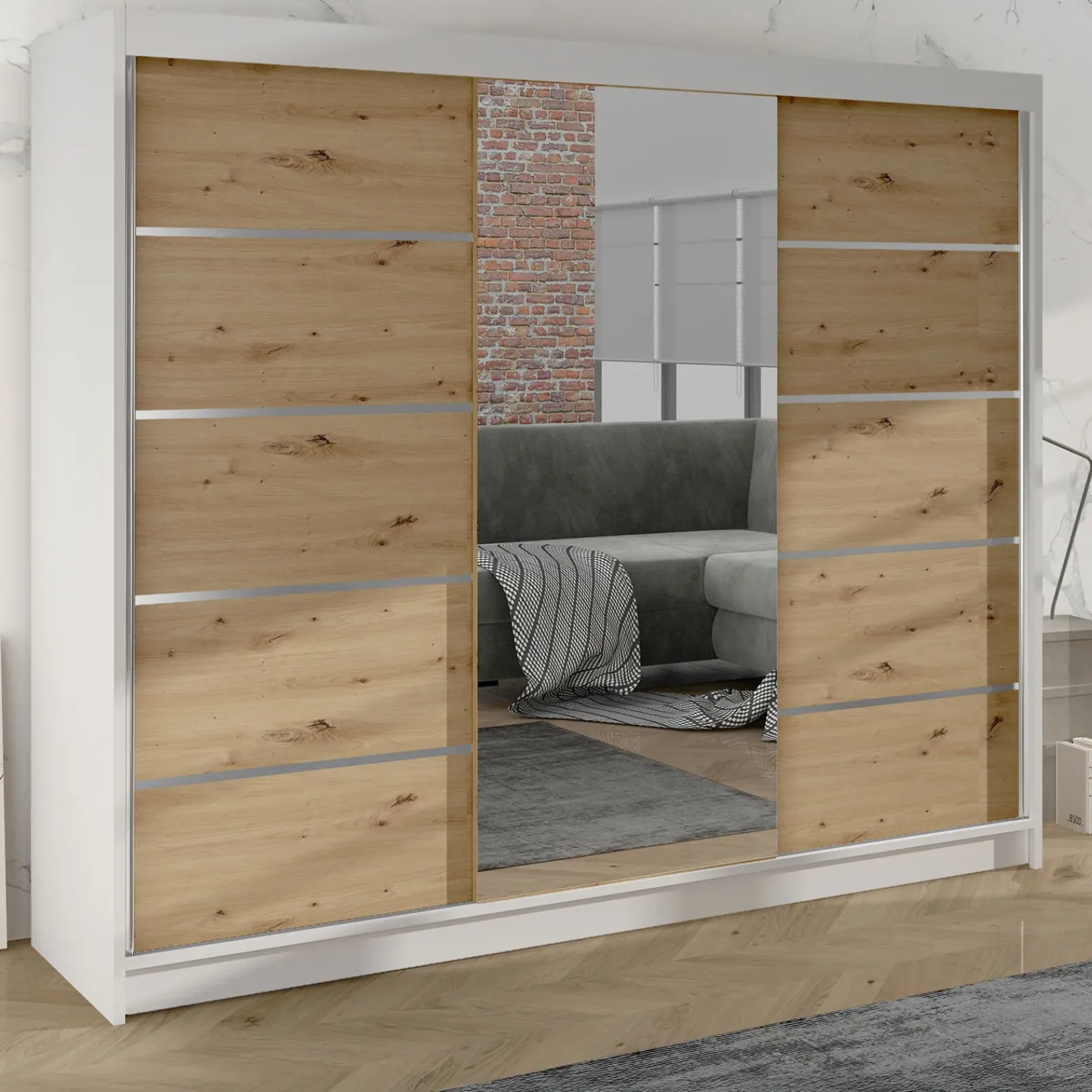 Garnero Arredamenti Armadio Ante Scorrevoli-Armadio 200x215h cm 2 ante scorrevoli con specchio bianco opaco rovere Silven Rovere - Bianco opaco