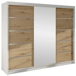 Garnero Arredamenti Armadio Ante Scorrevoli-Armadio 200x215h cm 2 ante scorrevoli con specchio bianco opaco rovere Silven Rovere - Bianco opaco